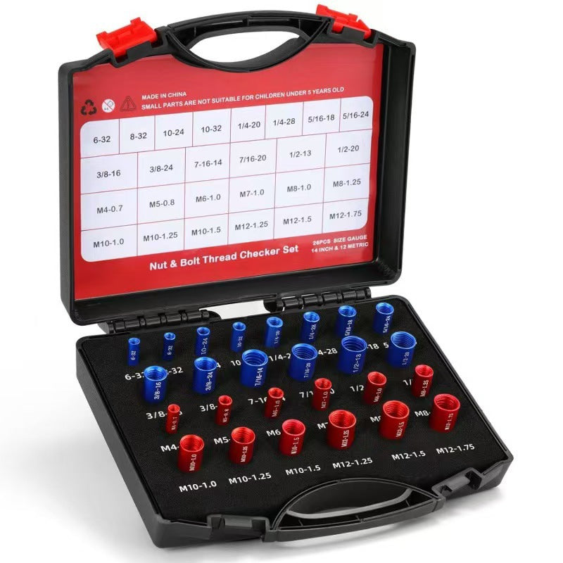 Open red and black case with labeled red and blue thread checker gauges.