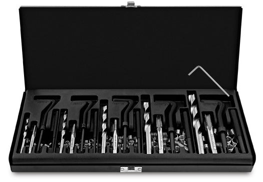 Thread repair tools arranged in an open black metal case; catalog example