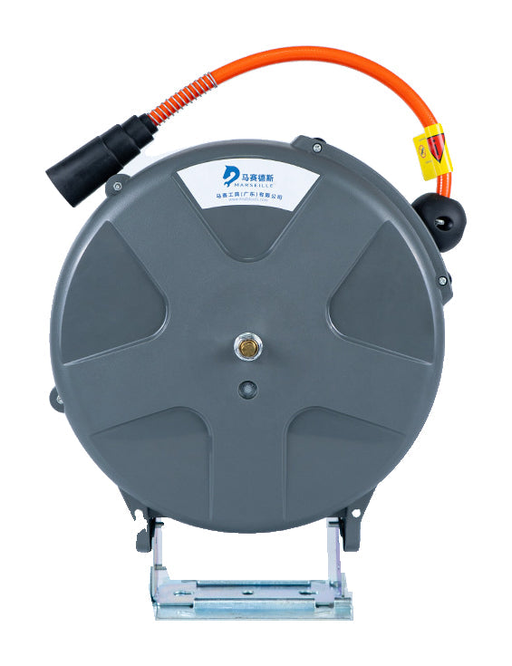 An enclosed 12m air hose reel with an orange hose and mounting bracket.