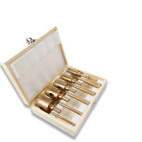 Supplier reference of the ten gold tile drill bits in the open wood box; ten-bit wood-box configuration, not the separate twelve-bit plastic-box option