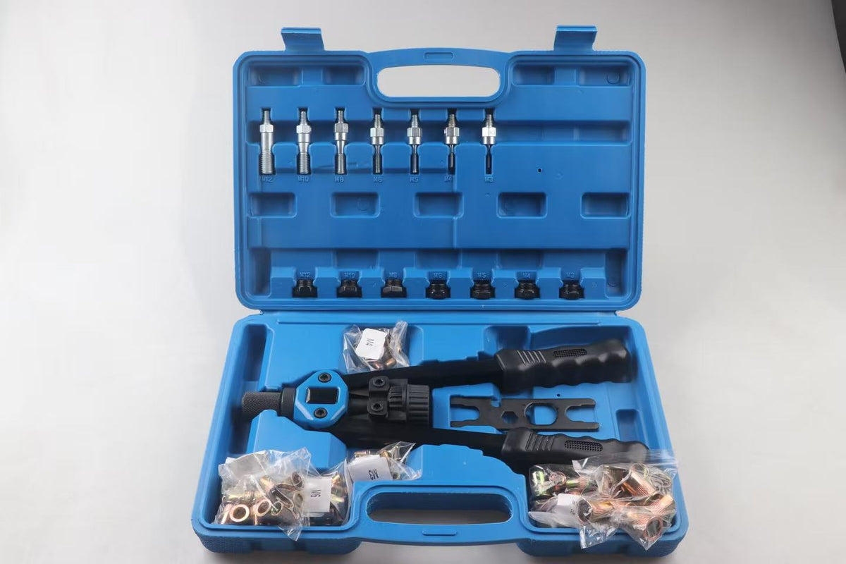 Open blue case containing the metric hand rivet nut kit
