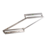 Folding-door linkage opened, showing its long pivot arms and mounting plates