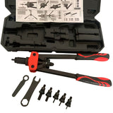Six-head metric rivet nut tool kit laid outside its open black case