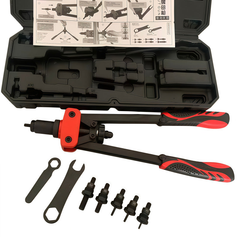 Six-head metric rivet nut tool kit laid outside its open black case