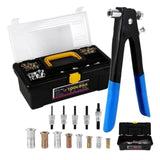 Hand rivet nut tool beside the toolbox and supplied setting parts