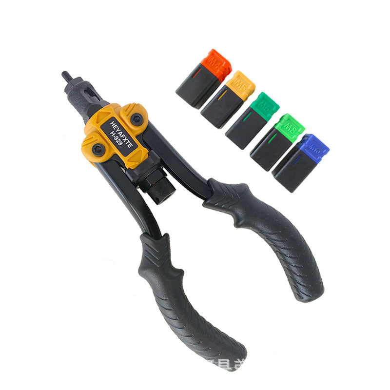H-929 rivet nut tool beside its colored setting-head boxes