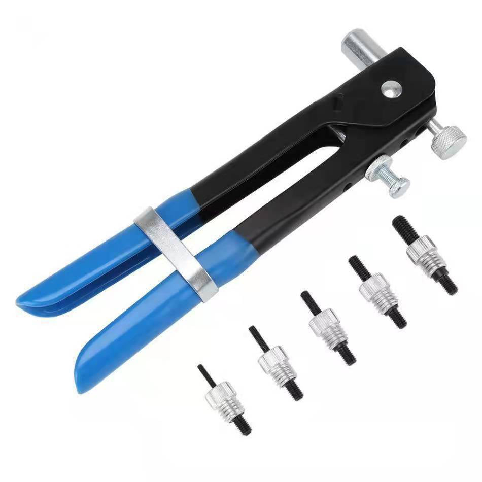 Hand rivet nut tool with five threaded mandrels and matching nose pieces