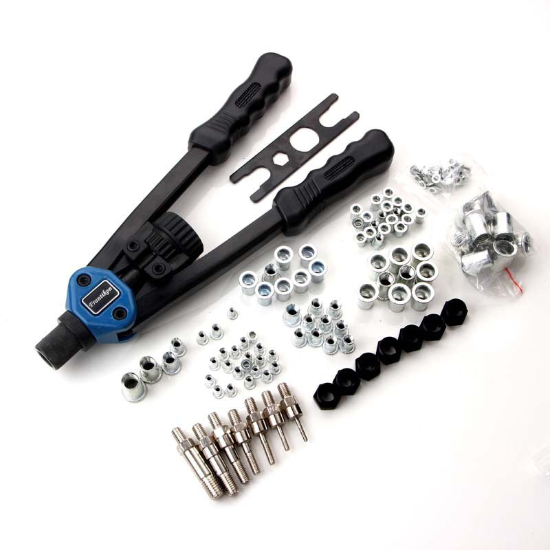 Metric blue-head rivet nut tool with setting heads and silver-colored nuts