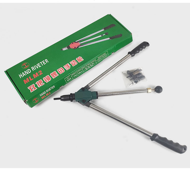 Green-head rivet nut tool with spare heads, keys and cardboard packaging