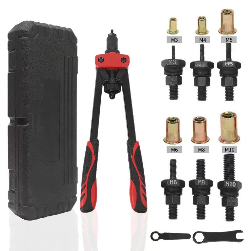 14-inch red-head rivet nut tool with black case and setting heads