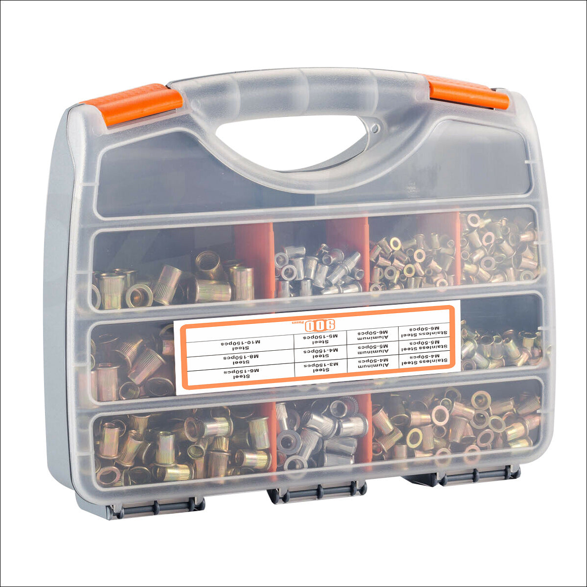 Closed compartment case holding the mixed-material rivet nut assortment