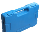 Closed blue storage case with molded handle