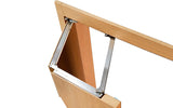 Folding linkage mounted between wooden panels; wood is display context