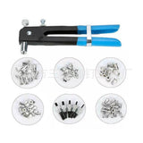 Hand setting tool with examples of the supplied nut forms and parts