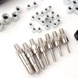 Close view of metric threaded mandrels, nose pieces and rivet nuts