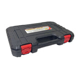 Closed black case with red latches