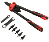 Angled rivet nut tool with its six setting heads and wrench