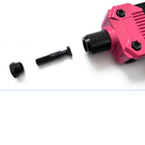 Close-up of the pink head, threaded mandrel and removable cap