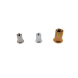 Three individual rivet nuts in different finishes