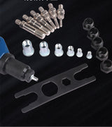 Close-up of the blue tool nose, mandrels, nose pieces and wrench
