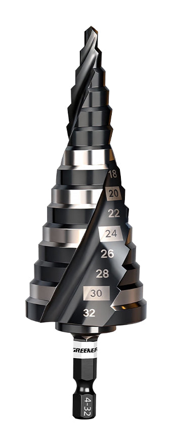 Actual complete black hex-shank step-bit example with original maker and size marks; single-range and three-bit configurations differ