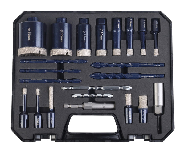 Expanded22-piece M10 kit with thirteen diamond cutters, five drills, two driver bits and two nut setters