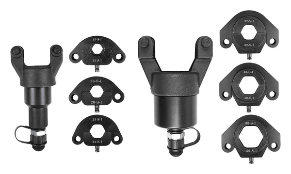 The gallery shows the actual Series-I DN15–50 head-and-die kit with two hydraulic heads and six tooling sizes on pure white. Larger ring systems, Series-II profiles, pumps and individual replacement choices are not individually pictured.