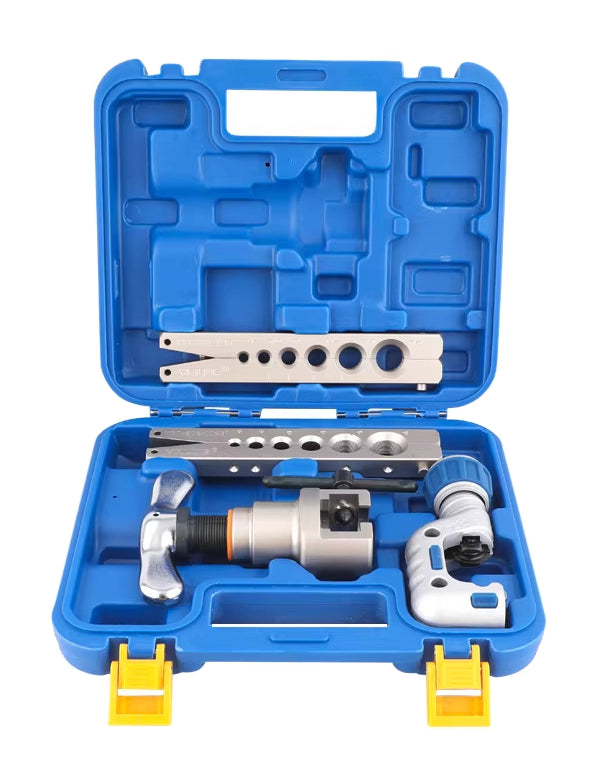 Actual VFT source kit in one blue case with flaring frame, clamping components and cutter; other model and packing choices differ