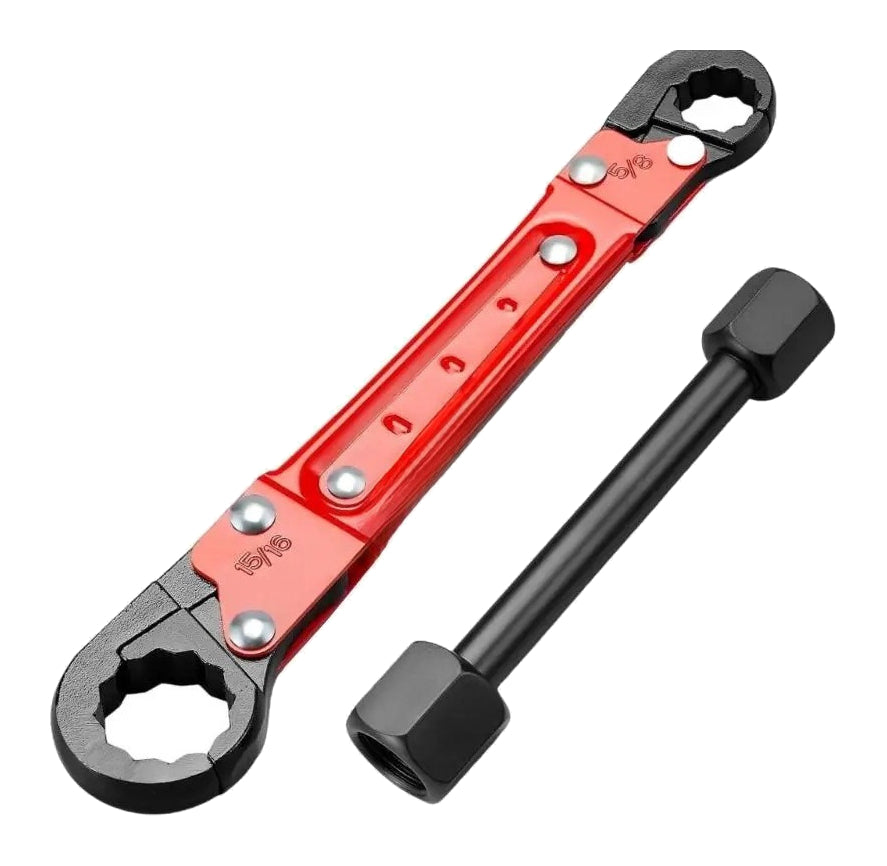 Actual two-piece kit comprising red dual-ended angle-stop wrench and black holding bar