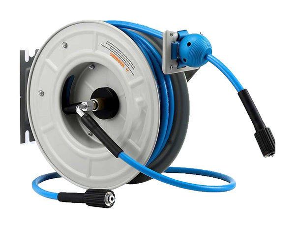 Actual light-colored automatic reel with blue water hose and both original connectors