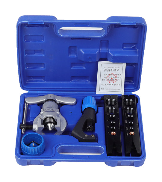 Actual blue CT-808 case with flaring frame, clamping plates, cutter and reaming tool; red and custom configurations differ