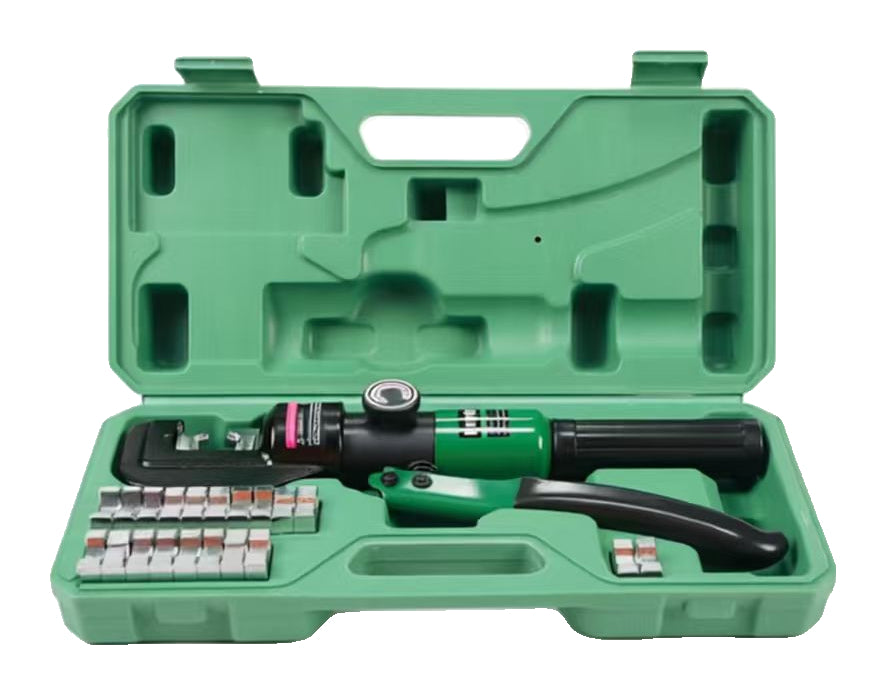 One green YQK70 hydraulic crimper with11 die pairs in an open green case on white