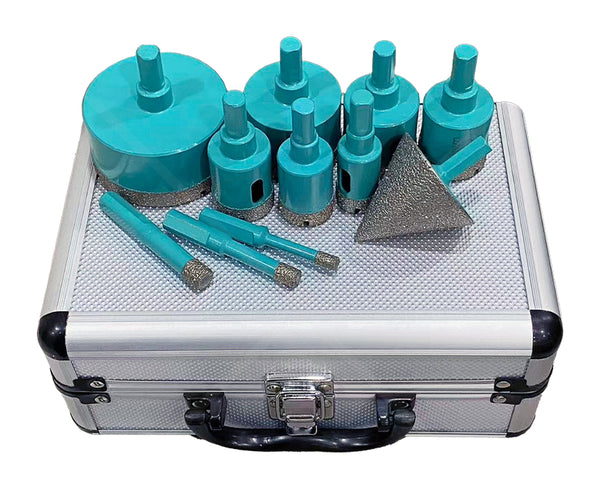 Actual 11-piece turquoise diamond and triangle drill kit on white
