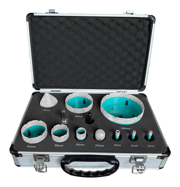M14 teal drilling kit with eight cutters, two adapters, chamfer tool, edge-finishing tool and case