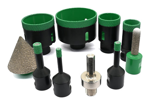 Actual 10-piece green m14 diamond drilling and edging kit on white
