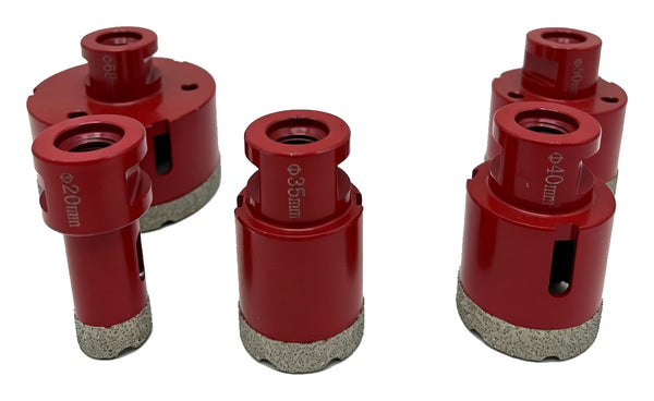 Five red M14 diamond hole saws with20/35/40/50/68mm body markings