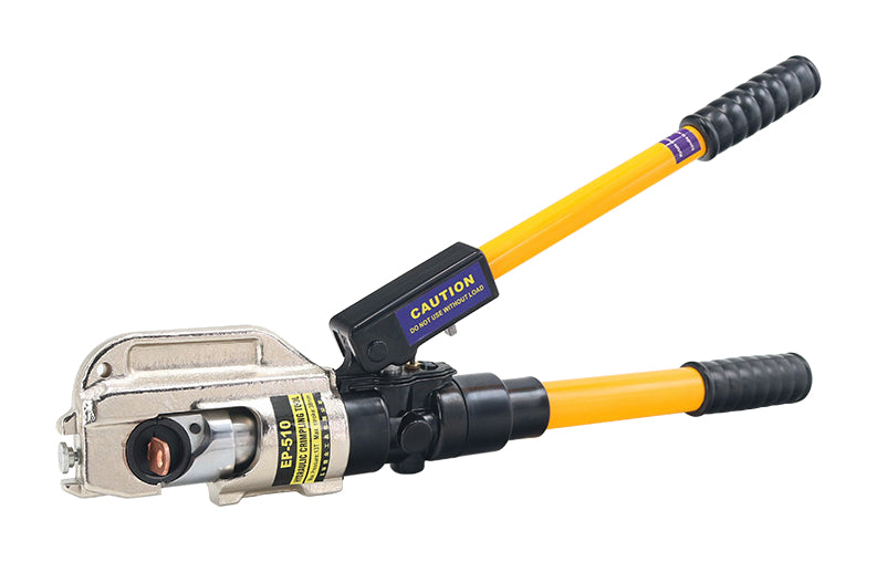 One Changjie EP-510 hydraulic crimper with yellow handles and open metal head on white