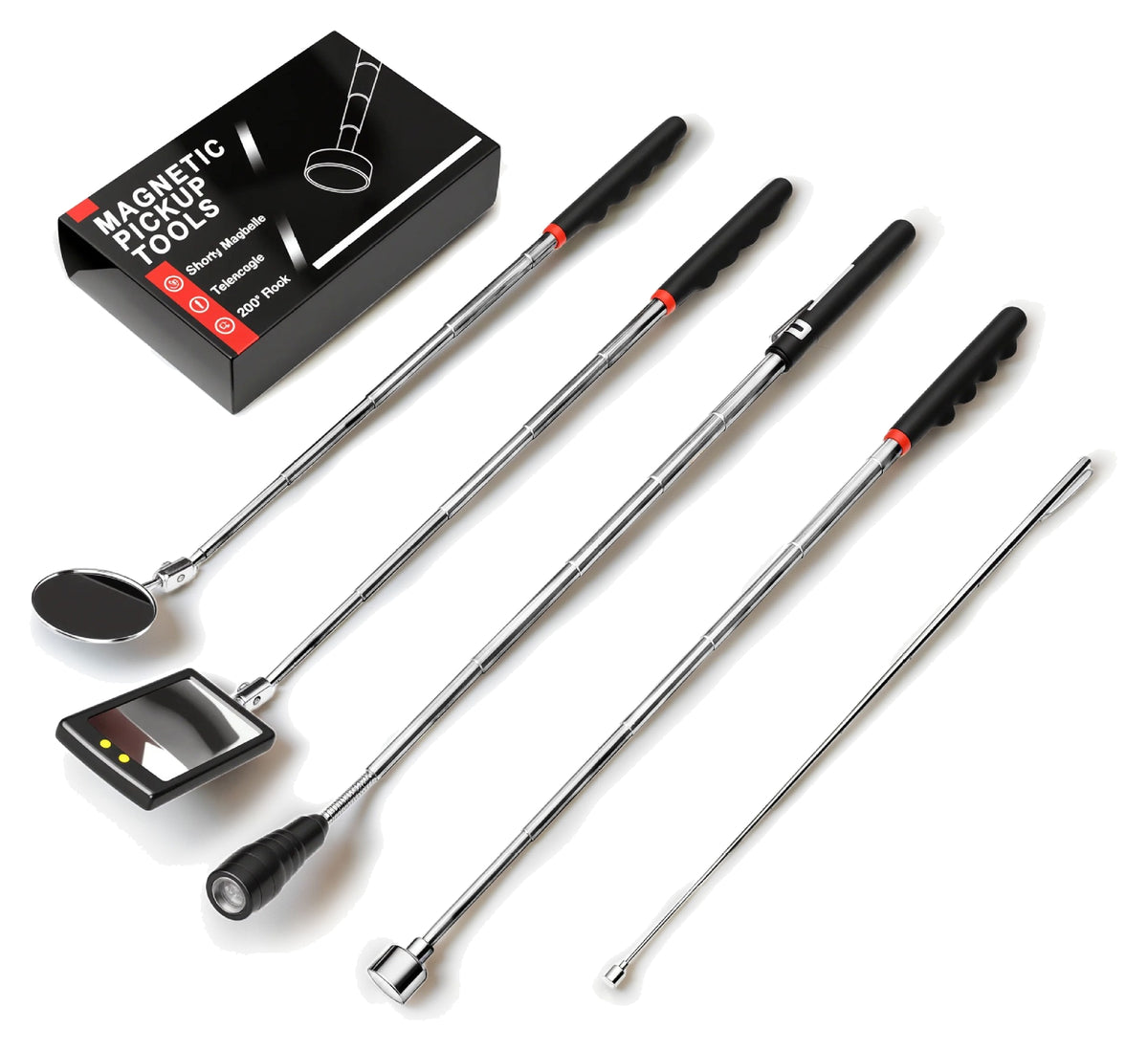 five-piece kit with two mirrors, a flexible flashlight and two pickup tools on a plain white background; representative selection
