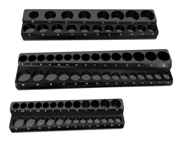 three black metric socket organizer rails on a plain white background; representative selection