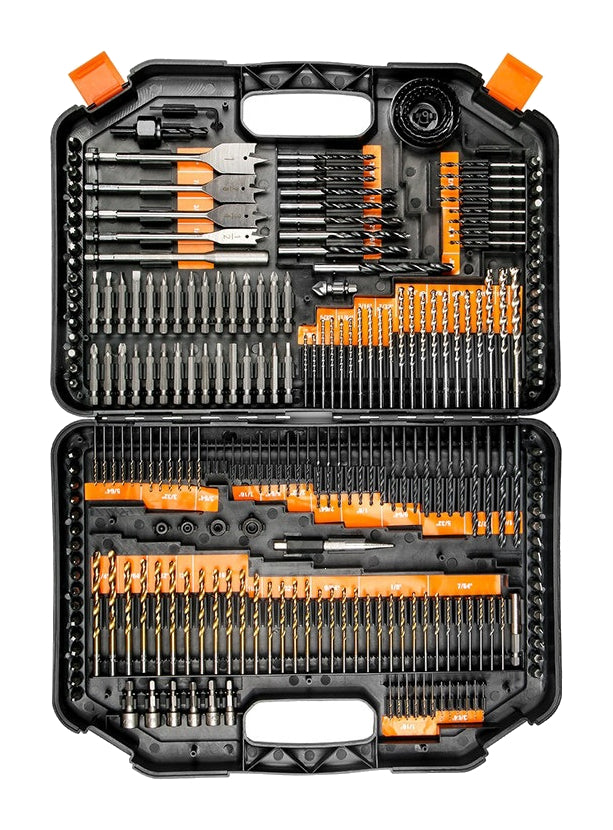 Open246-piece mixed drill and driver accessory kit in black folding case; other kit sizes not pictured