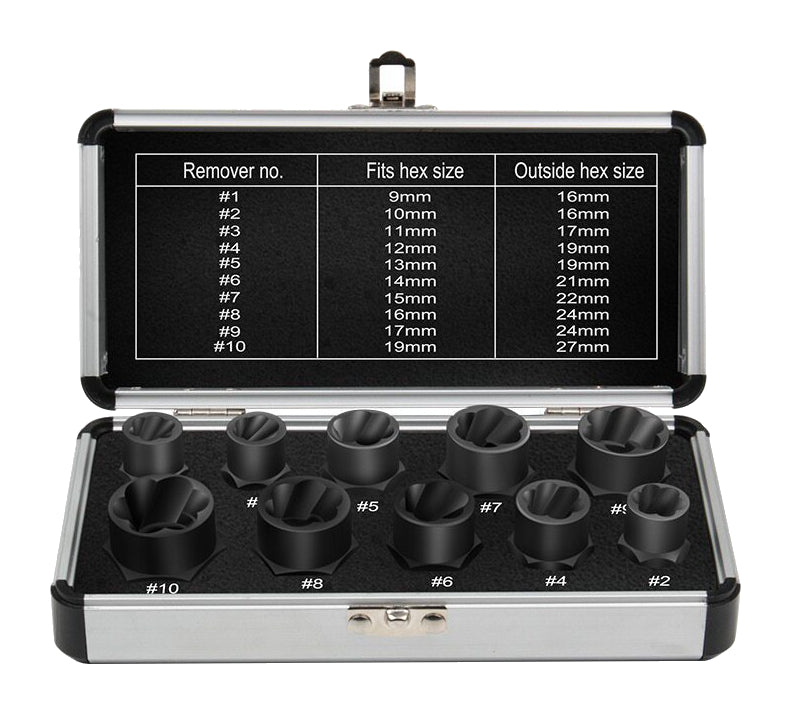 Ten metric nut-extractor sockets in the open fitted case; optional ratchet not pictured