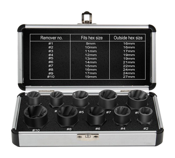 Ten metric nut-extractor sockets in the open fitted case; optional ratchet not pictured