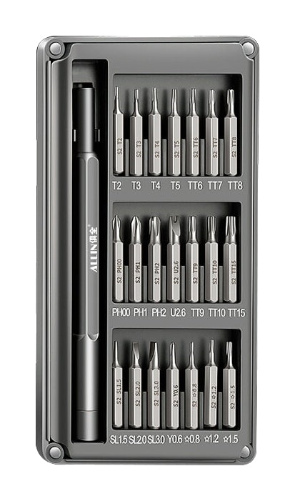 Manual precision driver handle and21 marked bits in the fitted gray case