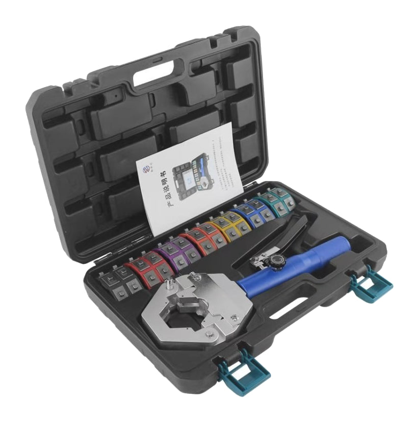 One blue integral FS7842 AC hose crimper with colored dies in an open black case on white
