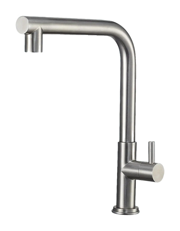 Actual brushed 08-003 L-spout cold-water faucet example; curved economy form is a different configuration