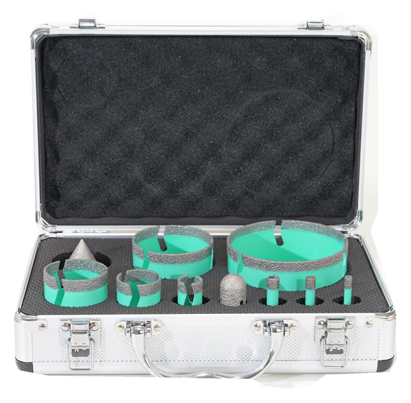 Teal diamond hole saw kit with eight cutters, finger bit, chamfer tool and case