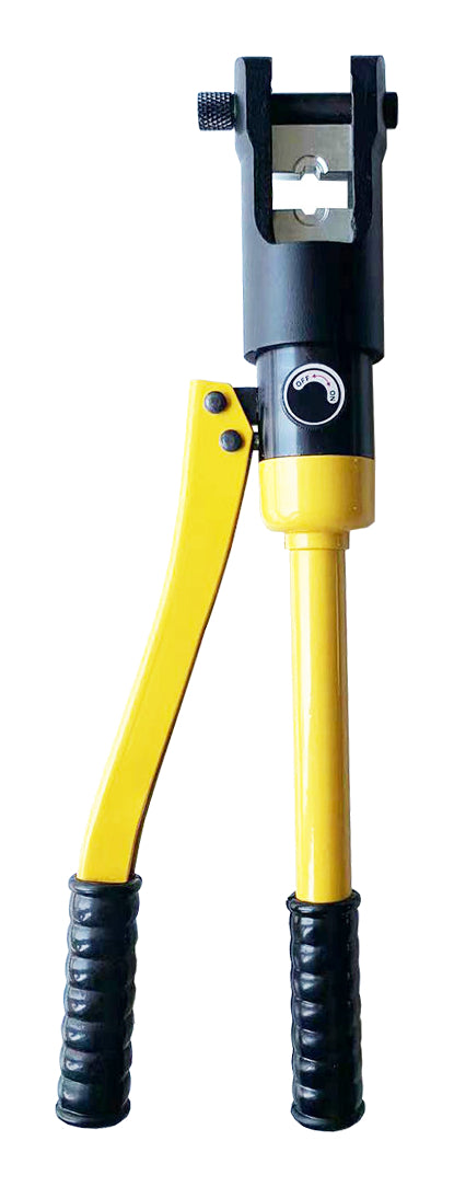 One yellow Maibaoteng long-head manual hydraulic cable crimper on pure white