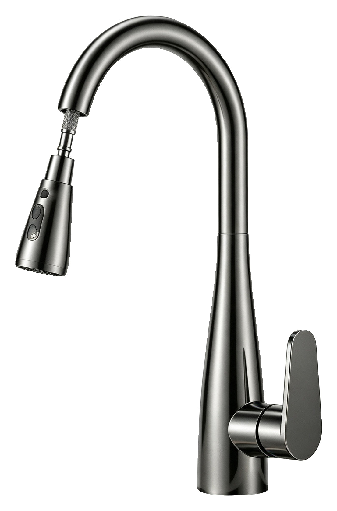 Actual supplier faucet-body example on white; other finishes, head forms, hoses and kit contents follow the selected configuration