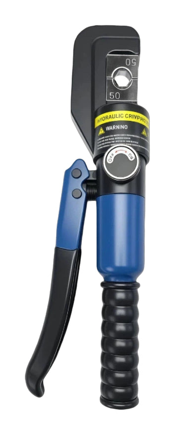 One blue YQK-70 spring-return hydraulic cable crimper on pure white