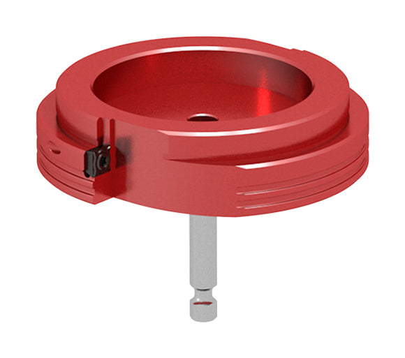 Actual red PVC reaming-head component with original hex-drive stem; complete eight-piece source set is supplied